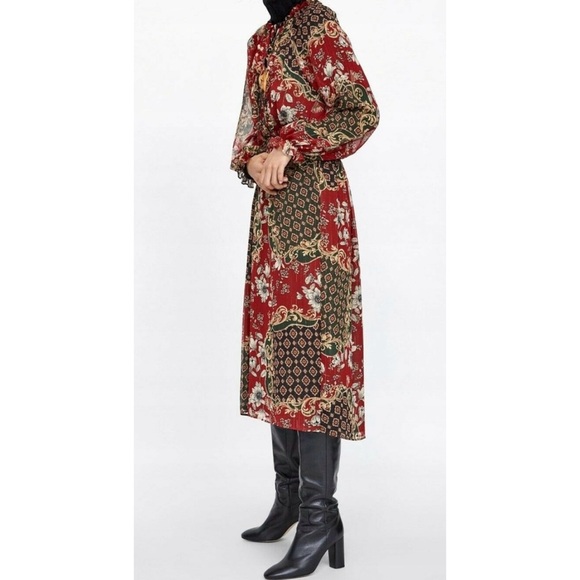 Zara bohemian floral printed metallic thread midi dress red gold - Picture 12 of 15